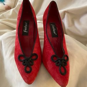 Red suede heels w/black soutache trim
